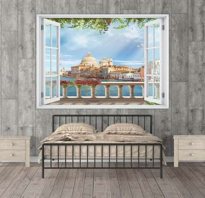Наклейка на стену - Окно с видом на город на воде, Имитация окна, 130 х 85