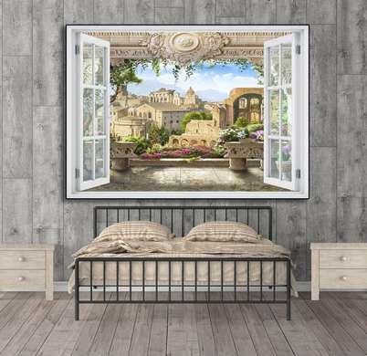 Наклейка на стену - Окно с видом на красивый город, Имитация окна, 130 х 85