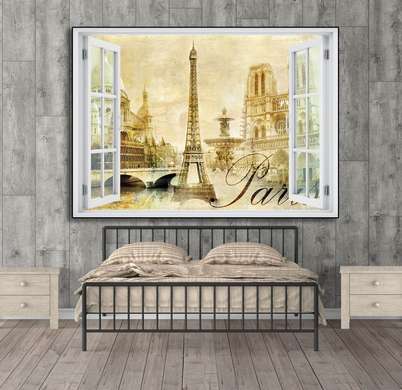 Stickere pentru pereți - Fereastra cu vedere spre frumusețile Parisului, Imitarea Ferestrei, 130 х 85