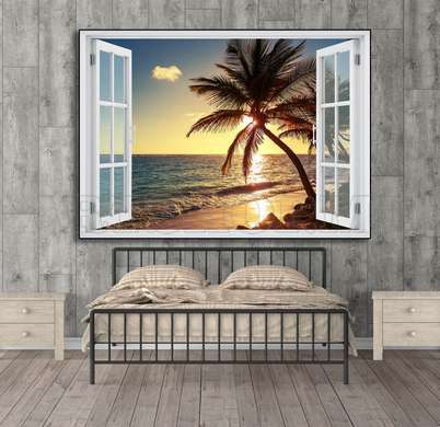 Наклейка на стену - 3D-окно с видом на пляж со скалами, Имитация окна, 70 х 50