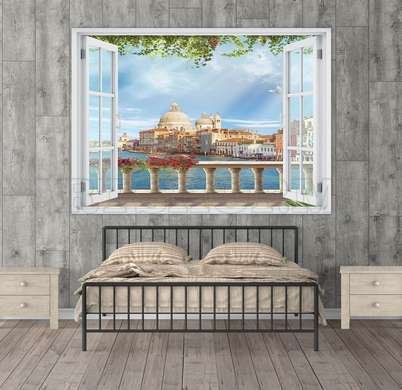Наклейка на стену - Окно с видом на город на воде, Имитация окна, 70 х 50