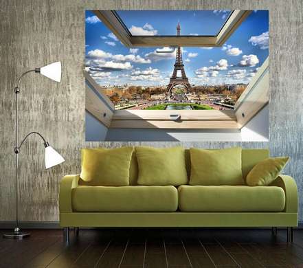 Stickere pentru pereți - Fereastra cu vedere spre Turnul Eiffel, Imitarea Ferestrei, 130 х 85