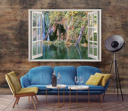Wall Sticker - 3D window with a view of the cascade in the forest, Window imitation