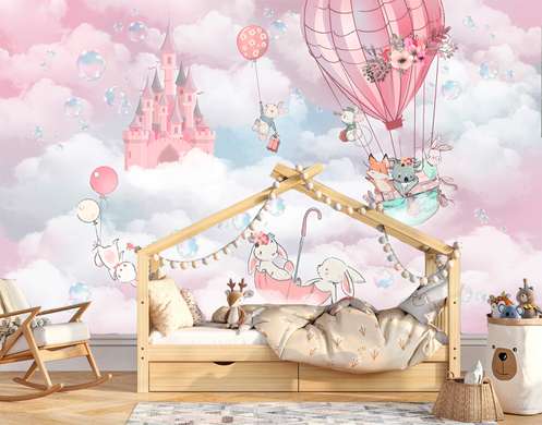 Nursery Wall Mural - Bunnies and other cute animals in the pink sky and fairytale castle