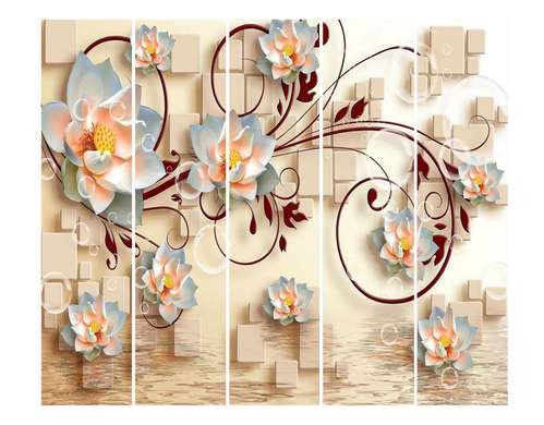 Ширма - Белые цветы лотоса с бордовыми орнаментами на трехмерном фоне, 7