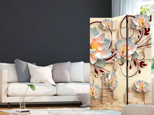 Paravan - Flori de lotus albe cu ornamente bordo pe un fundal 3D, 7