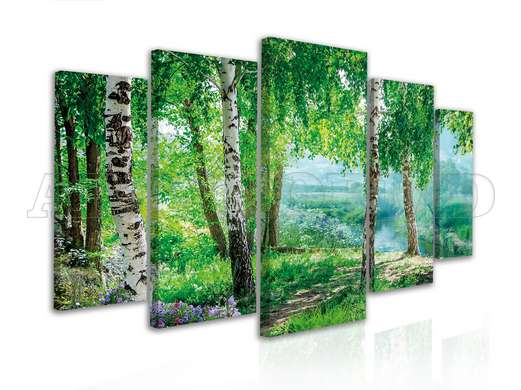 Tablou Multicanvas, Pădure verde cu vedere la iaz, 108 х 60