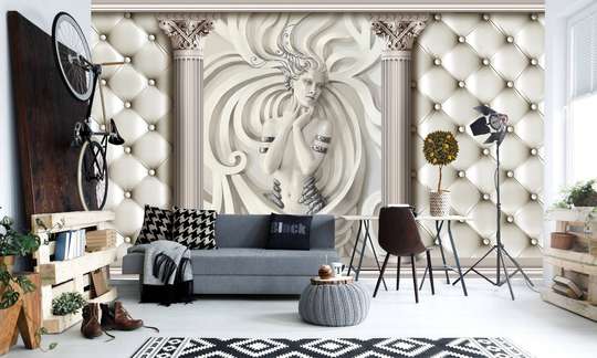 3D Wallpaper - Gypsum girl with columns on a white skin background