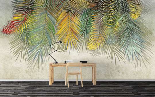 Wall Mural - Green leaves on a gray background