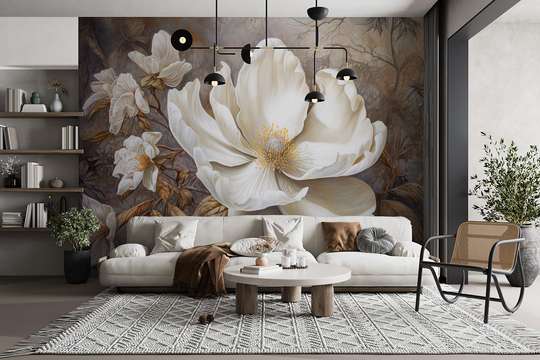 Wall mural - Soft white flowers on a brown background