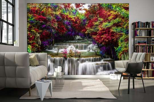 Wall Mural - Beautiful waterfall in the forest with trees with red leaves