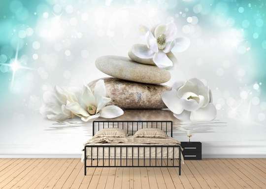 Wall Mural - White flowers and a stone tower on the water