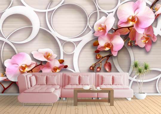 3D Wallpaper - Pink Orchid and circles on a beige background