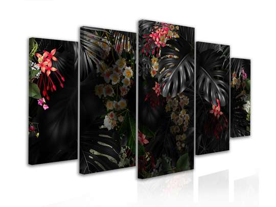 Modular picture, Monstera exotic leaves and red flowers, 108 х 60