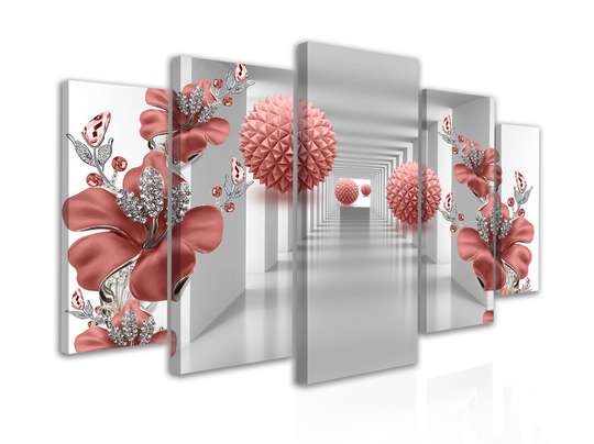 Tablou Pe Panza Multicanvas, Sfere și flori roșii pe un fundal 3D, 108 х 60