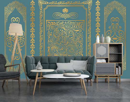 Wall Mural - Golden patterns on a blue wall background