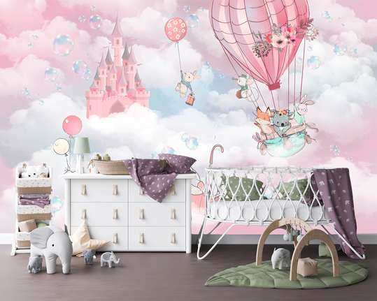Nursery Wall Mural - Bunnies and other cute animals in the pink sky and fairytale castle
