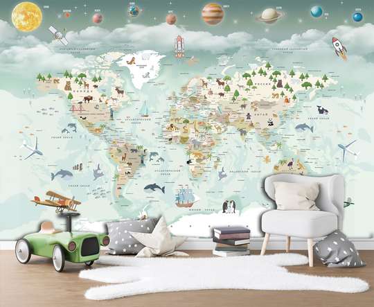 Wall mural for the nursery - World map with animals and planets