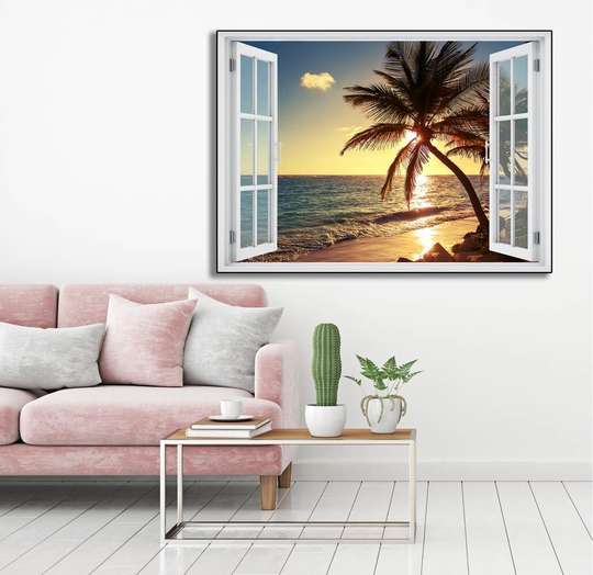 Наклейка на стену - 3D-окно с видом на пляж со скалами, 130 х 85