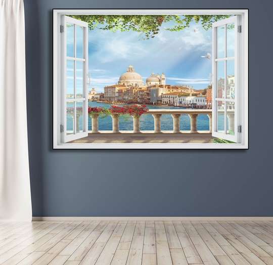 Наклейка на стену - Окно с видом на город на воде, 130 х 85