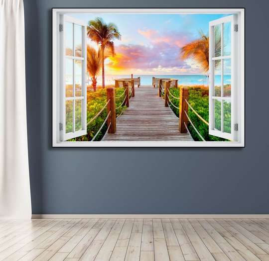 Наклейка на стену - 3D-окно с видом на пляж заката, 130 х 85