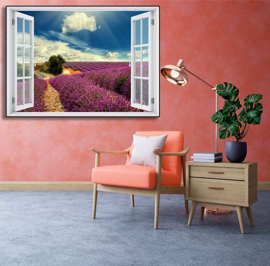 Наклейка на стену - Окно с видом на равнину фиолетовых цветов, Имитация окна, 130 х 85