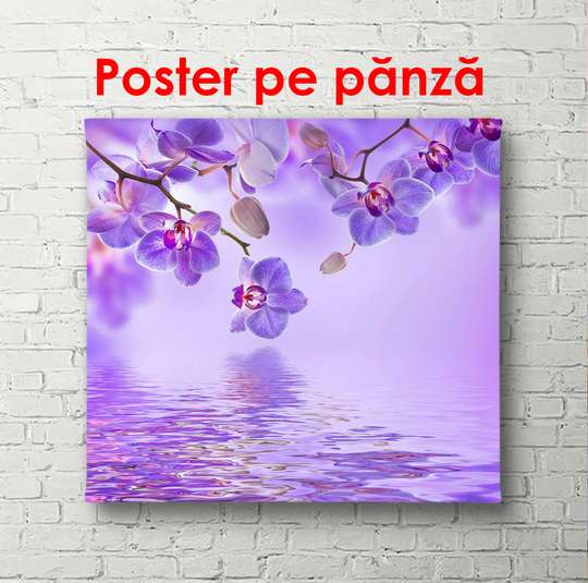 Постер - Фиолетовая орхидея с бабочками на фиолетовом фоне, 100 x 100 см, Постер в раме