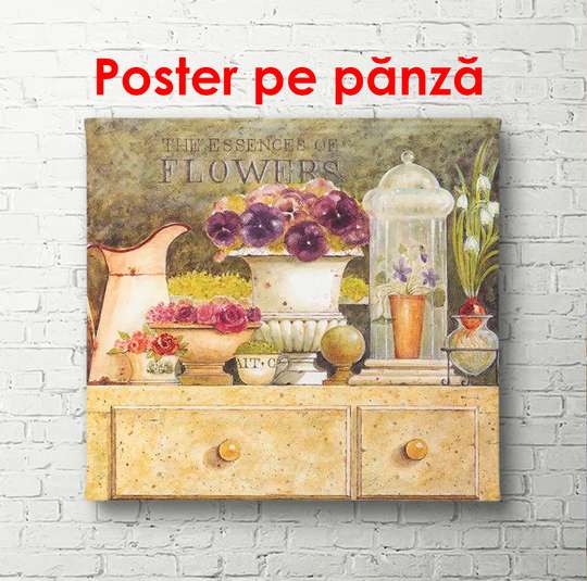 Постер - Красивый натюрморт с фиолетовыми цветами в вазе, 100 x 100 см, Постер в раме