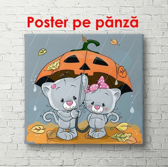 Постер - Милые котики на улице под дождём, 100 x 100 см, Постер в раме, Для Детей
