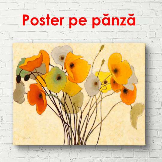 Poster - Yellow poppies on a light background, 90 x 60 см, Framed poster