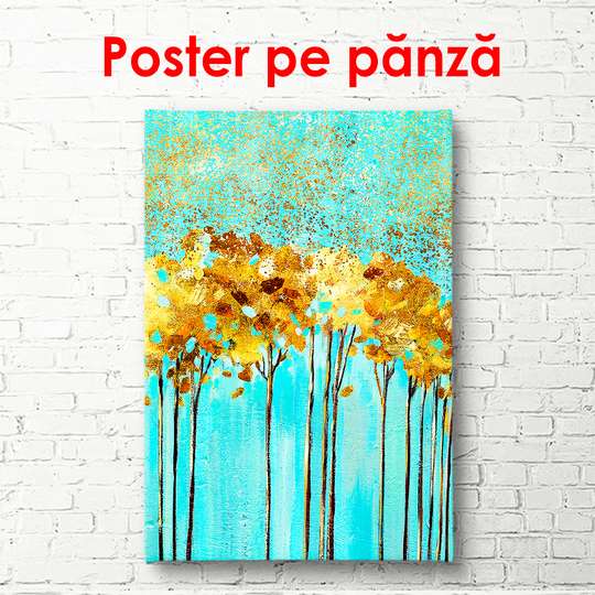 Постер - Золотистые деревья на голубом фоне, 30 x 45 см, Холст на подрамнике