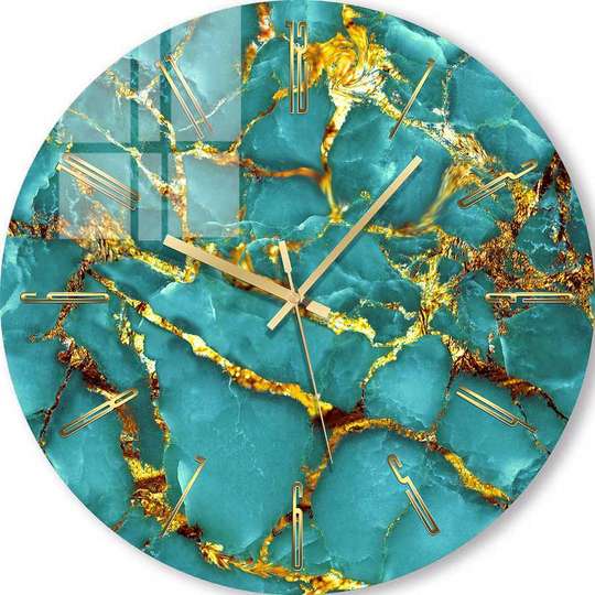 Glass clock - Turquoise with gold, 40cm