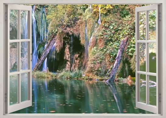 Наклейка на стену - 3D-окно с видом на каскад в лесу, Имитация окна, 130 х 85