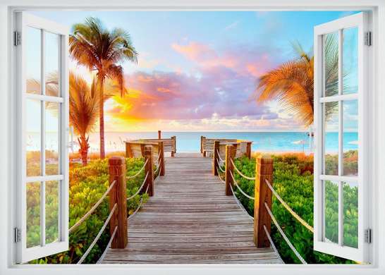 Наклейка на стену - 3D-окно с видом на пляж заката, Имитация окна, 130 х 85
