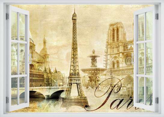Наклейка на стену - Окно с видом на красоту Парижа, Имитация окна, 130 х 85