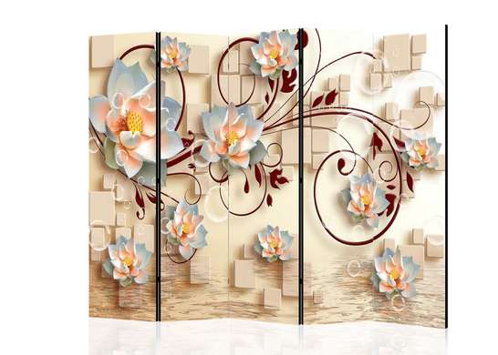 Ширма - Белые цветы лотоса с бордовыми орнаментами на трехмерном фоне, 7