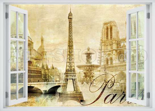 Наклейка на стену - Окно с видом на красоту Парижа, Имитация окна, 130 х 85