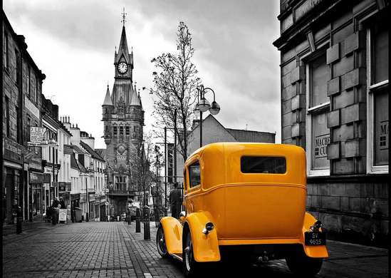 Wall Mural - Black and white city and yellow vintage car.