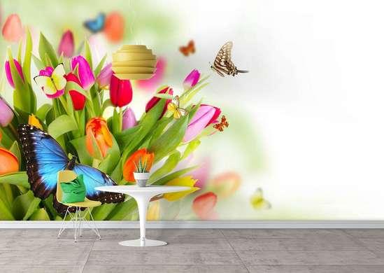 Фотообои - Букет разноцветных тюльпанов и бабочки