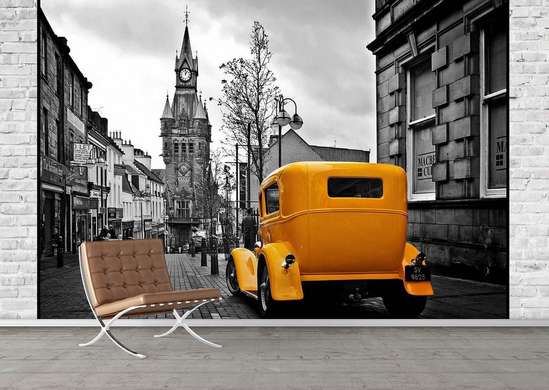 Wall Mural - Black and white city and yellow vintage car.