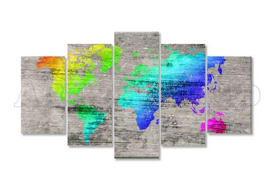 Modular picture, Colorful world map on gray background, 206 x 115