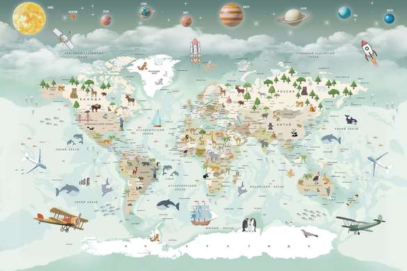 Fototapet - Harta lumii cu animale și planete