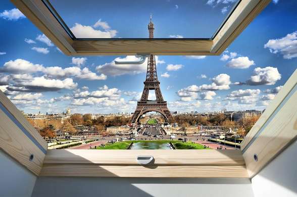 Wall Sticker - 3D window with a view of the Eiffel Tower, Window imitation