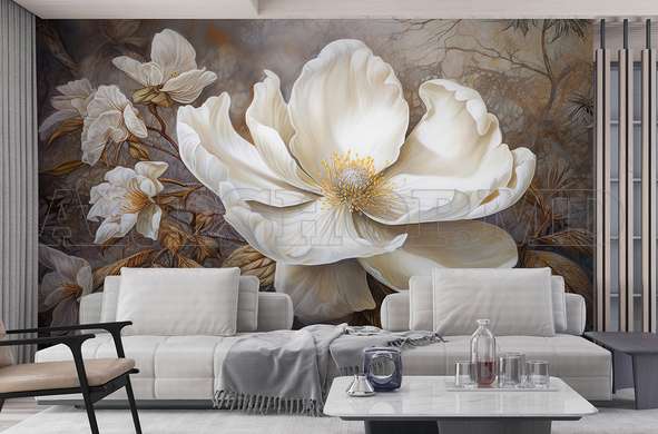 Wall mural - Soft white flowers on a brown background