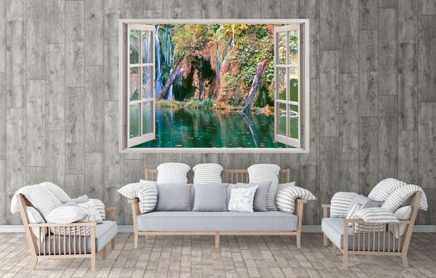 Наклейка на стену - 3D-окно с видом на каскад в лесу, Имитация окна, 130 х 85