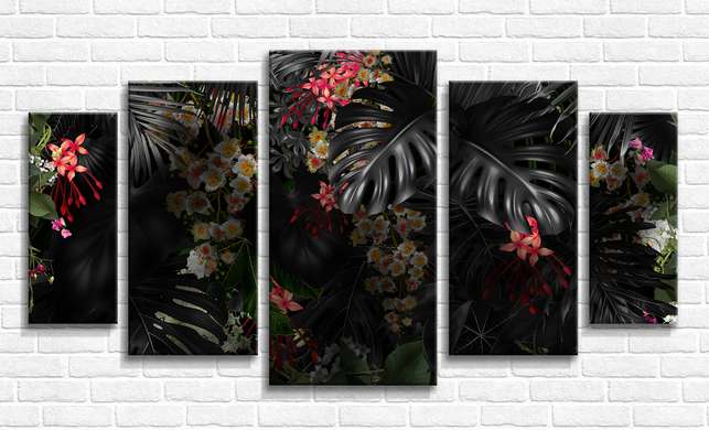 Modular picture, Monstera exotic leaves and red flowers, 108 х 60