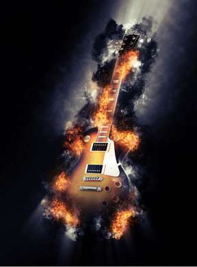 Poster - Black and gold guitar on a black background, 60 x 90 см, Framed poster on glass, Music