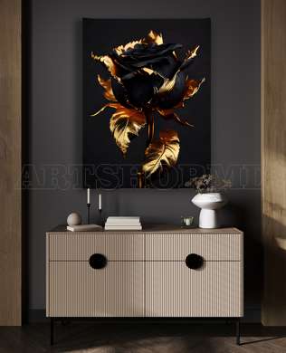 Poster - Black rose with gold, 60 x 90 см, Framed poster on glass, Flowers