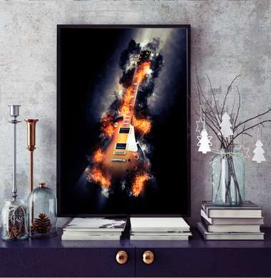Постер - Черно золотая гитара на черном фоне, 60 x 90 см, Постер на Стекле в раме, Музыка