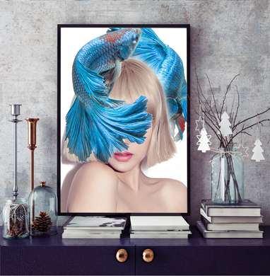 Постер - Девушка с синими рыбками на голове, 60 x 90 см, Постер в раме, Минимализм